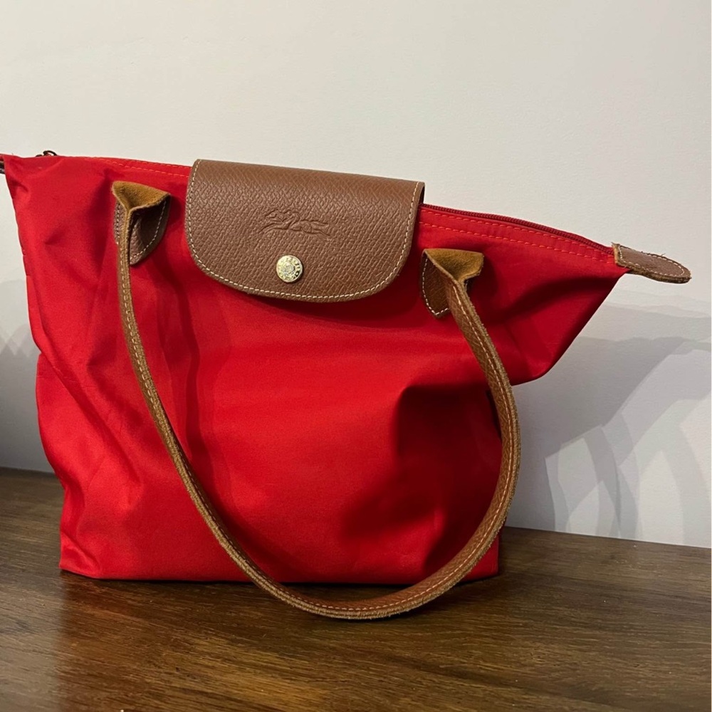 Longchamp Red Tote Bag with Brown Accents (Medium)